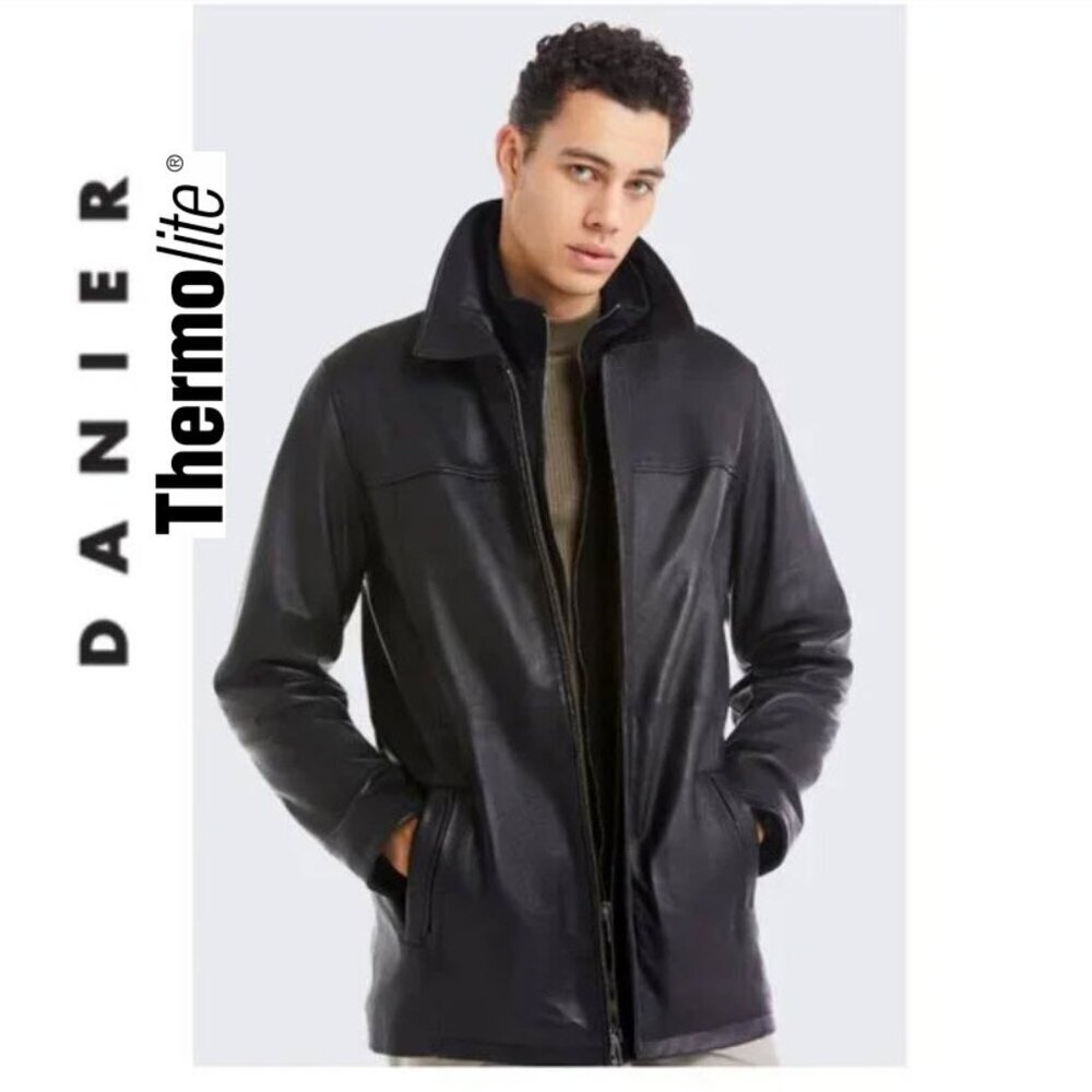 Danier Black Leather Jacket Thermolite Lining Size L Classic Moto Bomber Style